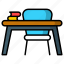 student desk, intone, knowledge, learn, perusal, study, chair icon 