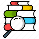 search of knowledge, research, find, magnifier, explore, analysis, books icon 