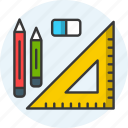 learning tools, pen, pencil, calculator, ruler, stationary, equipments icon icon
