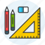 learning tools, pen, pencil, calculator, ruler, stationary, equipments icon icon 
