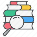 search of knowledge, research, find, magnifier, explore, analysis, books icon icon