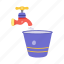water pail, water bucket, faucet, water tap, garden tap 