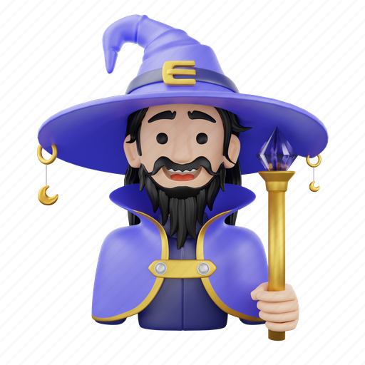 Wizard, mage, magician, magic wand, magic, hat, wand 3D illustration - Download on Iconfinder