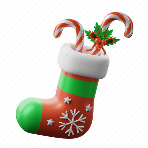 Stocking, sock, candies, cane, decoration, sweet, candy 3D illustration - Download on Iconfinder