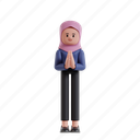 namaste, 3d character, 3d illustration, 3d rendering, 3d businesswomen, hijab, welcoming guests, hand clap, greeting, reprimand, calm, humble, welcoming, friendly, hand, clap, cooperative, cooperation, kind, palm 