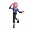 fly, 3d character, 3d illustration, 3d rendering, 3d businesswomen, hijab, happy, cheerful, excited, excitement, jump, carefree, enjoyment, happiness, success, jumping, raised, joy, freedom, pose 