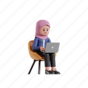 work, with, laptop, 3d character, 3d illustration, 3d rendering, 3d businesswomen, hijab, sit, sitting, chair, computer, concentration, typing, writing, digital, technology, focus, girl with laptop, business laptop, lounge chair 