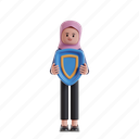 holding, shield, 3d character, 3d illustration, 3d rendering, 3d businesswomen, hijab, protect, defend, safe, protection, guarding, insurance, prevention, safety, security, guard, strong, calm, bring, defender 