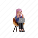 finish, work, 3d character, 3d illustration, 3d rendering, 3d businesswomen, hijab, laptop, looking, screen, celebration, winner, victory, successful, celebrate, achievement, winning, yes, cheering, shout, happy 