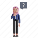 think, 3d character, 3d illustration, 3d rendering, 3d businesswomen, hijab, chin, question mark, idea, imagination, find solution, solution, inspiration, plan, strategy, head, brain, daydream, thinking, smart solution 
