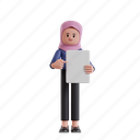 holding, paper, 3d character, 3d illustration, 3d rendering, 3d businesswomen, hijab, pointing, point, index finger, blank paper, document, cardboard, banner, marketing, holding paper, advertising board, display board, presenting, showing, white paper, instructions 