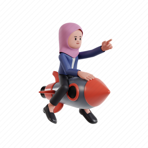 Riding, rocket, 3d character, 3d illustration, 3d rendering, 3d businesswomen, hijab 3D illustration - Download on Iconfinder
