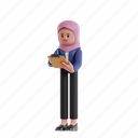 3d character, 3d illustration, 3d rendering, 3d businesswomen, hijab, muslim, hijab businesswoman, write, writing, pencil, clipboard, check, control, quality control, checking, document, evaluate, graphite, pen, register 