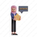 review, 3d character, 3d illustration, 3d rendering, 3d businesswomen, hijab, muslim, star, rating, feedback, vote 