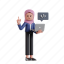 web, development, 3d character, 3d illustration, 3d rendering, 3d businesswomen, hijab, muslim, coding, program, system, software, code, computer, developer, programmer, script, website, idea, pointing 