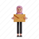 holding, email, 3d character, 3d illustration, 3d rendering, 3d businesswomen, hijab, mail, letter, paper, message, email service, envelope, postal, document, sending, communication, mailbox, newsletter, post, card, news 