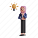 getting, idea, 3d character, 3d illustration, 3d rendering, 3d businesswomen, hijab, think, chin, imagination, lamp, bulb, business thinking, creative idea, solution, plan, strategy, innovation, inspiration, opinion, motivation 
