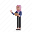 presenting, 3d character, 3d illustration, 3d rendering, 3d businesswomen, hijab, present, holding, clipboard, showing, presentation, teach, seminar, data, standing, analysis, report, statistics, consultant, speakers 