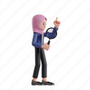 find, 3d character, 3d illustration, 3d rendering, 3d businesswomen, hijab, magnifying, magnifying glass, luv, search, solution, seo, search engine optimization, research, investigate, analysis, observer, inspect, recruitment, check 