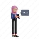typing, 3d character, 3d illustration, 3d rendering, 3d businesswomen, hijab, text, chat, message, mobile, smartphone, chatting, sms 