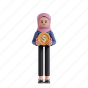 holding, coin, 3d character, 3d illustration, 3d rendering, 3d businesswomen, hijab, carry, bring, dollar, money, economy, profit, financial, growth, financial growth, capital, bonus, get, salary, pay 