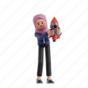 business, startup, 3d character, 3d illustration, 3d rendering, 3d businesswomen, hijab, holding, rocket, start up, fire, up, fly, technology, development, boost, growth, sky, space, launch, innovation, aerospace 