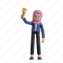 holding, bell, 3d character, 3d illustration, 3d rendering, 3d businesswomen, hijab, ringing, alarm, remind, schedule, sound, notification, sign, reminder, notice, push notification, call, subscribe, timer 