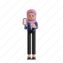 showing, phone, 3d character, 3d illustration, 3d rendering, 3d businesswomen, hijab, screen, smartphone, cell phone, pointing, index finger, advertisement, apps, digital, holding phone, promotion, application, pointing screen, presenting 