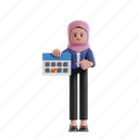 schedule, 3d character, 3d illustration, 3d rendering, 3d businesswomen, hijab, date, deadline, calendar, checklist, deadlines, schedules, reminder, pointing, finger, appointments, time, agenda 