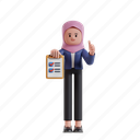 checklist, 3d character, 3d illustration, 3d rendering, 3d businesswomen, hijab, clipboard, list, complete, task, finish, thumbs up, good, well done, work, note, task list, document, done, mission completed 
