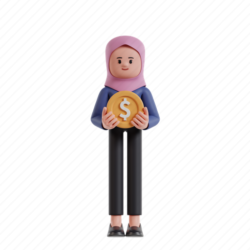 Holding, coin, 3d character, 3d illustration, 3d rendering, 3d businesswomen, hijab 3D illustration - Download on Iconfinder