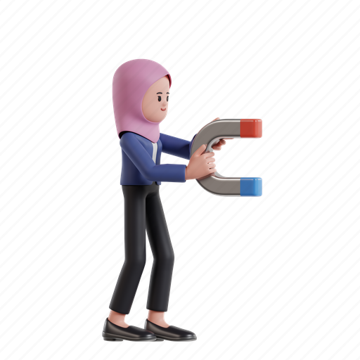 Magnet, 3d character, 3d illustration, 3d rendering, 3d businesswomen, hijab, attract 3D illustration - Download on Iconfinder