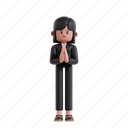 namaste, 3d character, 3d illustration, 3d render, 3d businesswoman, formal suit, welcoming guests, hand clap, hand shake, greeting, humble, welcoming, friendly, asian, hand, clap, kind 