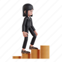climbing, 3d illustration, 3d render, 3d businesswoman, formal suit, pile, chart, coin, counting, earn, dollar coin, earnings, statistic, growth, up, step, go, progress 