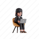 work, laptop, 3d character, 3d illustration, 3d render, 3d businesswoman, formal suit, sitting, computer, concentration, typing, writing, technology, using laptop, work from home, girl with laptop, working on laptop 