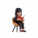 reading, book, 3d illustration, 3d render, 3d businesswoman, formal suit, sitting, chair, learning, textbook, study, knowledge, library, read, leisure, education, literature, learn 