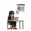 office, work, 3d character, 3d illustration, 3d render, 3d businesswoman, formal suit, desk, laptop, computer, diagram, presentation, data, report, analysis, sitting, focus 