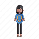holding, shield, 3d character, 3d illustration, 3d render, 3d businesswoman, formal suit, protect, defend, safe, protection, guarding, insurance, prevention, safety, security, guard, strong, defender 