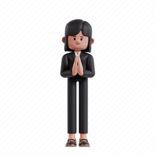 Namaste, 3d character, 3d illustration, 3d render, 3d businesswoman, formal suit, welcoming guests 3D illustration - Download on Iconfinder