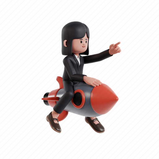 Riding, rocket, 3d character, 3d illustration, 3d render, 3d businesswoman, formal suit 3D illustration - Download on Iconfinder