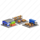 logistic, warehouse, truck, building, goods, boxes, workers, delivery, business