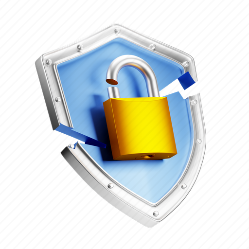 Security, breach, padlock, shield 3D illustration - Download on Iconfinder