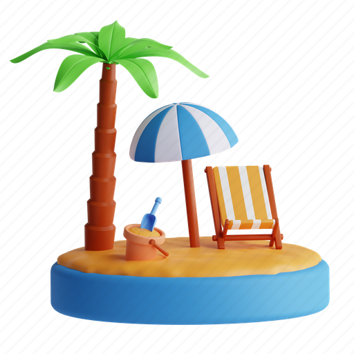 Beach, sun, sand, sea, relaxation 3D illustration - Download on Iconfinder