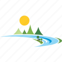landscape, logo, mountains, river