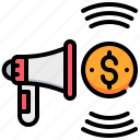 advertising, coin, currency, dollar, megaphone, money