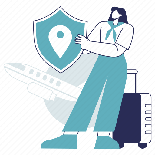 Travel insurance, protection, safety, flight, shield, travel, holiday illustration - Download on Iconfinder