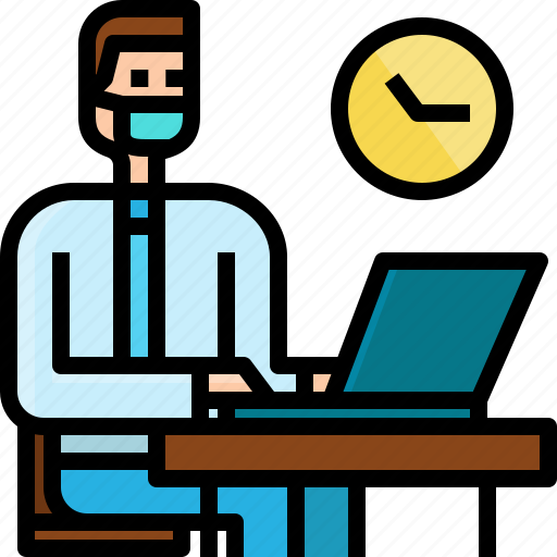 Businessman, clock, employee, laptop, mask, new normal, work icon - Download on Iconfinder