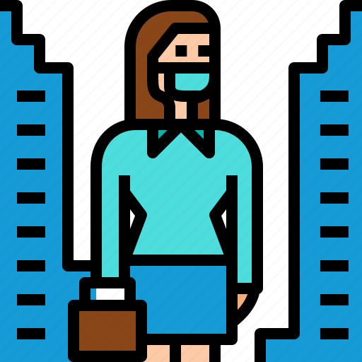 Baggage, business, city, office, surgical mask, tower, woman icon - Download on Iconfinder