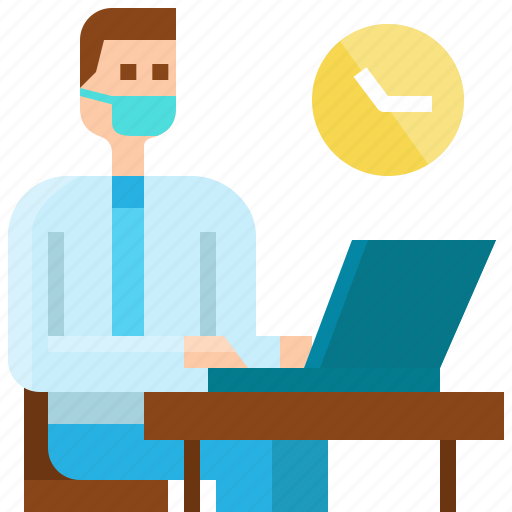 Businessman, clock, employee, laptop, new normal, surgical mask, work icon - Download on Iconfinder