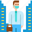 baggage, businessman, city, mask, office, surgical, tower 